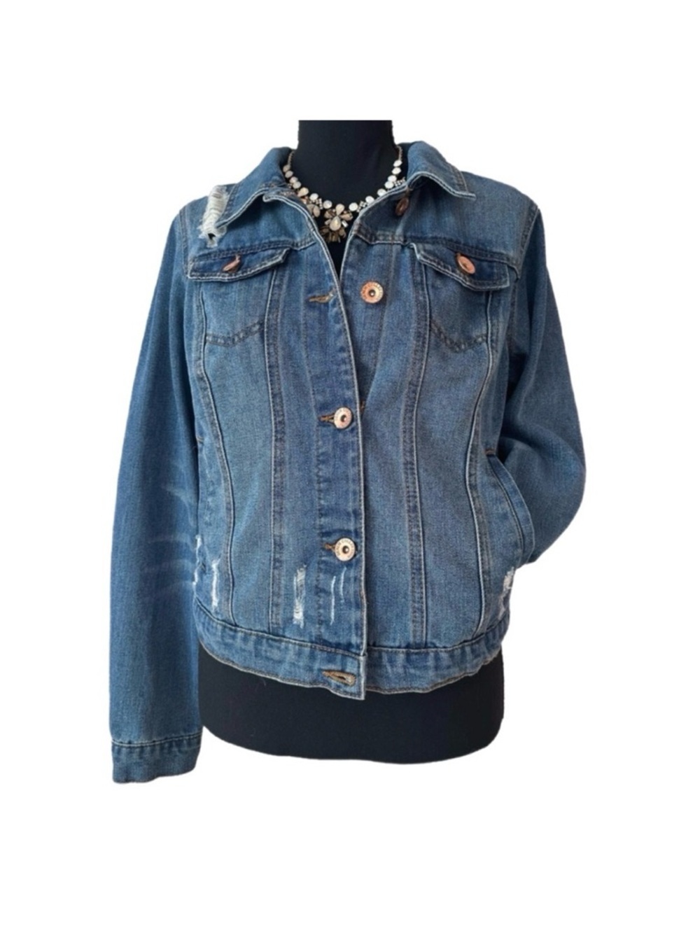 CISONO Distressed Medium Wash Blue Denim Jacket Rose Gold Rivet Button Casual